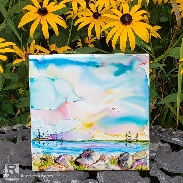 Alcohol Ink Ceramic Tile Landscape by Teresa Kovalak